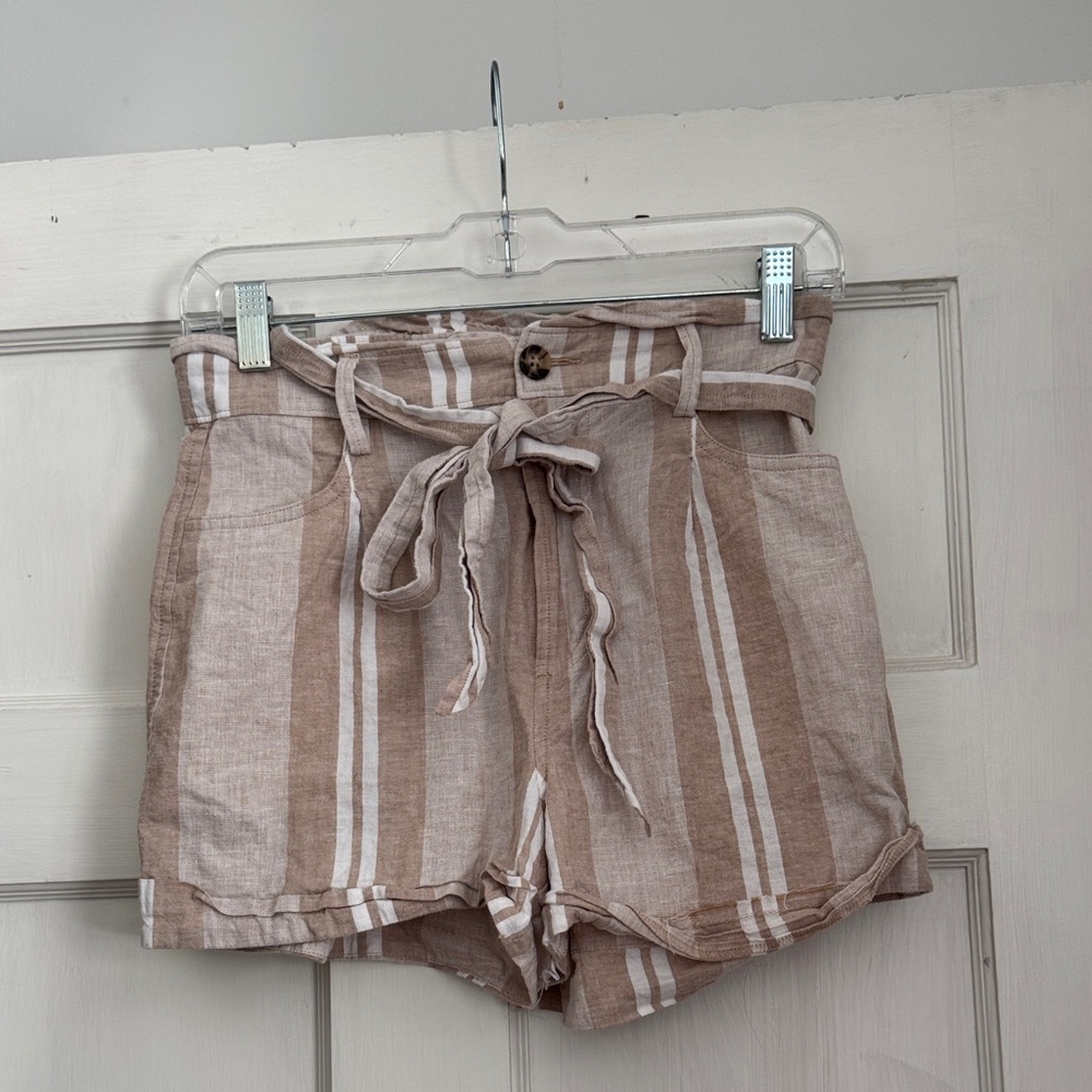 Express Striped Paperbag Waist Shorts - Beige White